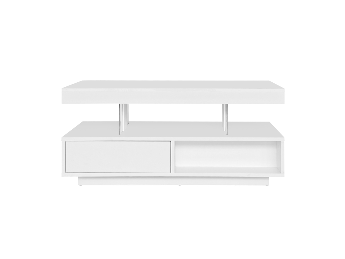 Mesa de centro con LED, cajón abierto y compartimentos, Mobrio blanco