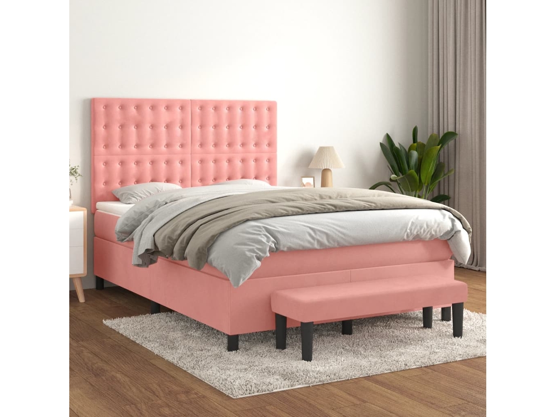 Cama Box Spring Con Colchón Terciopelo Rosa 140x190 Cm
