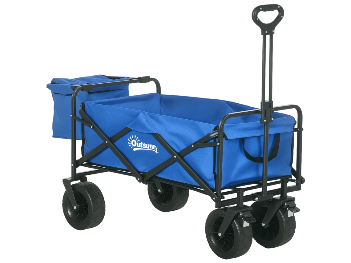 Cochecito plegable con bolsa térmica extraíble y manillar ajustable, color azul.