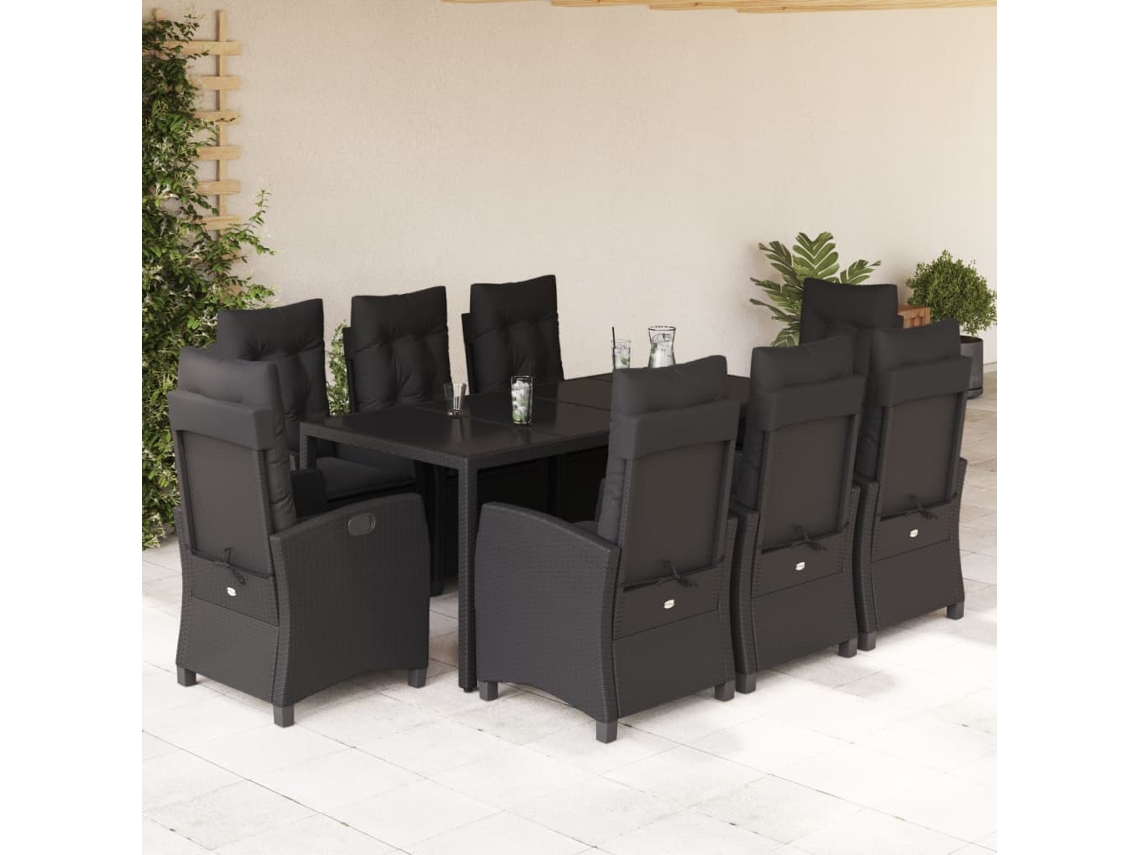 Juego de comedor de jardín de 9 piezas con cojines, mimbre sintético negro, DKD Home Decor
