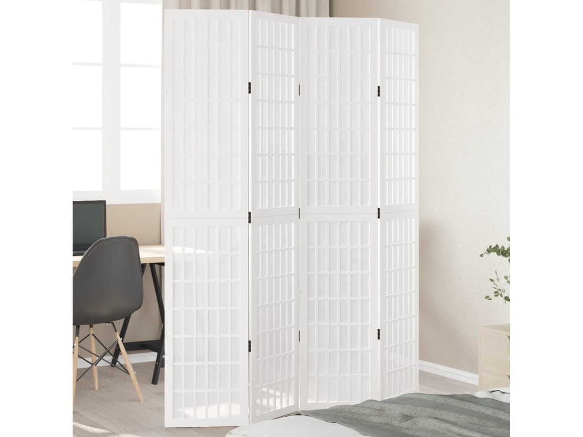 Separador de ambientes | Biombo de privacidad con 4 paneles, madera maciza de paulownia blanca.