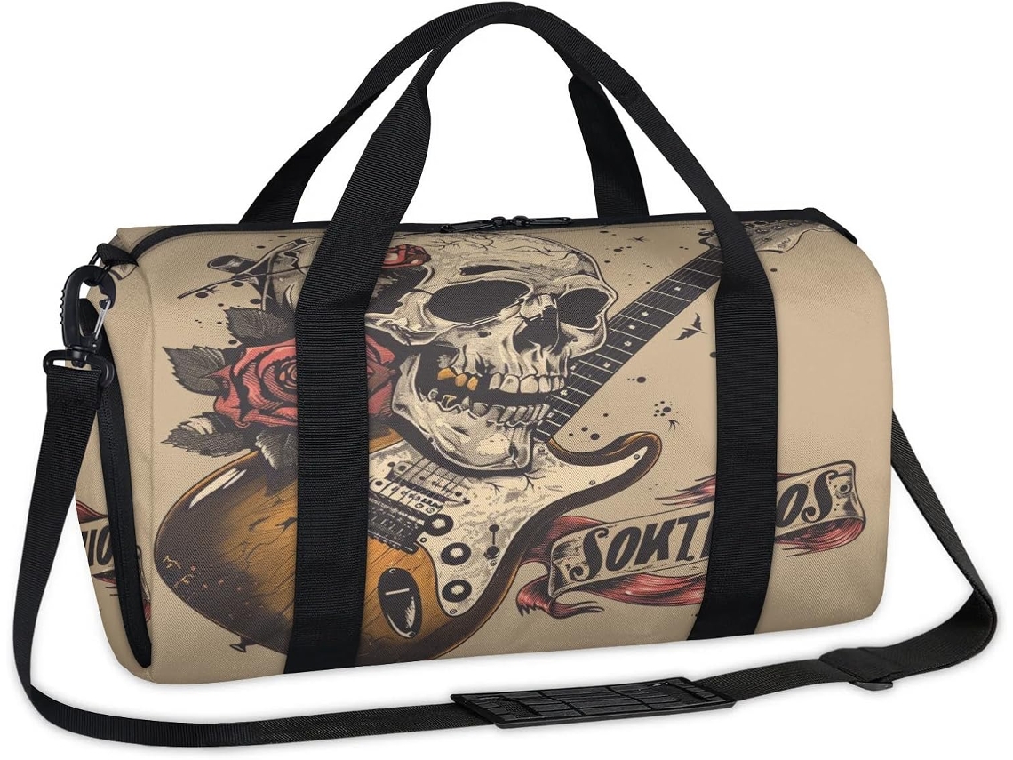 Mochila rosa con diseño de calavera y guitarra, 45x21x23cm, tela de poliéster. Sin marca.