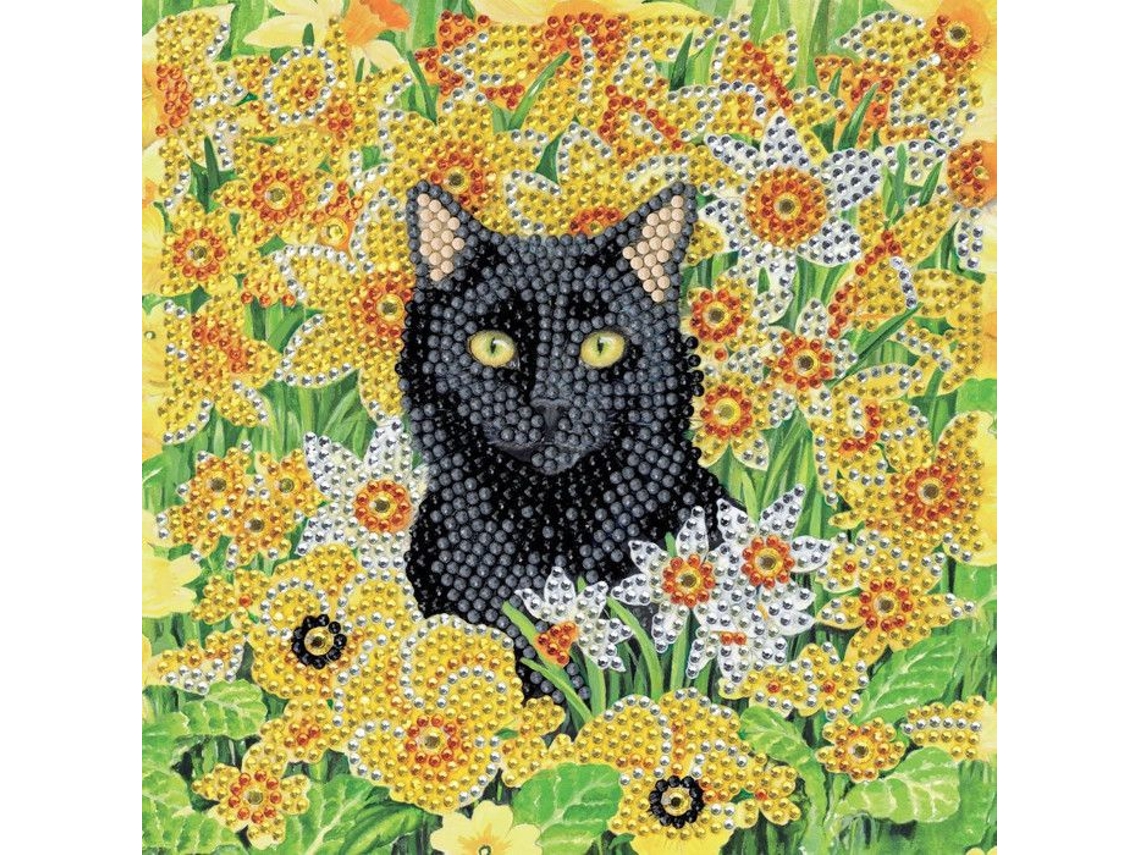 Kit de arte en cristal, diseño de bordado de diamantes, 18x18cm, Gato en el campo, Arte en cristal