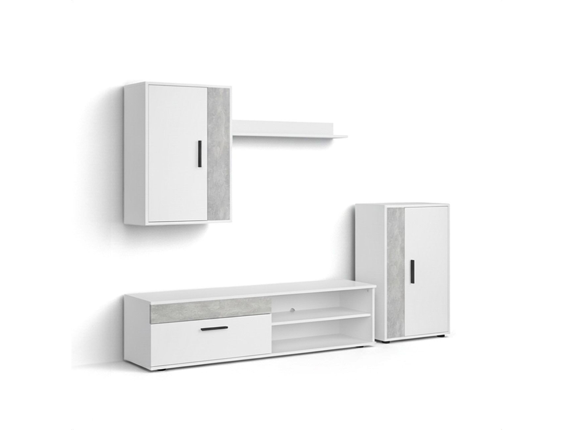 Salón modular con mueble TV en blanco artik y microcemento 190 cm Lunet