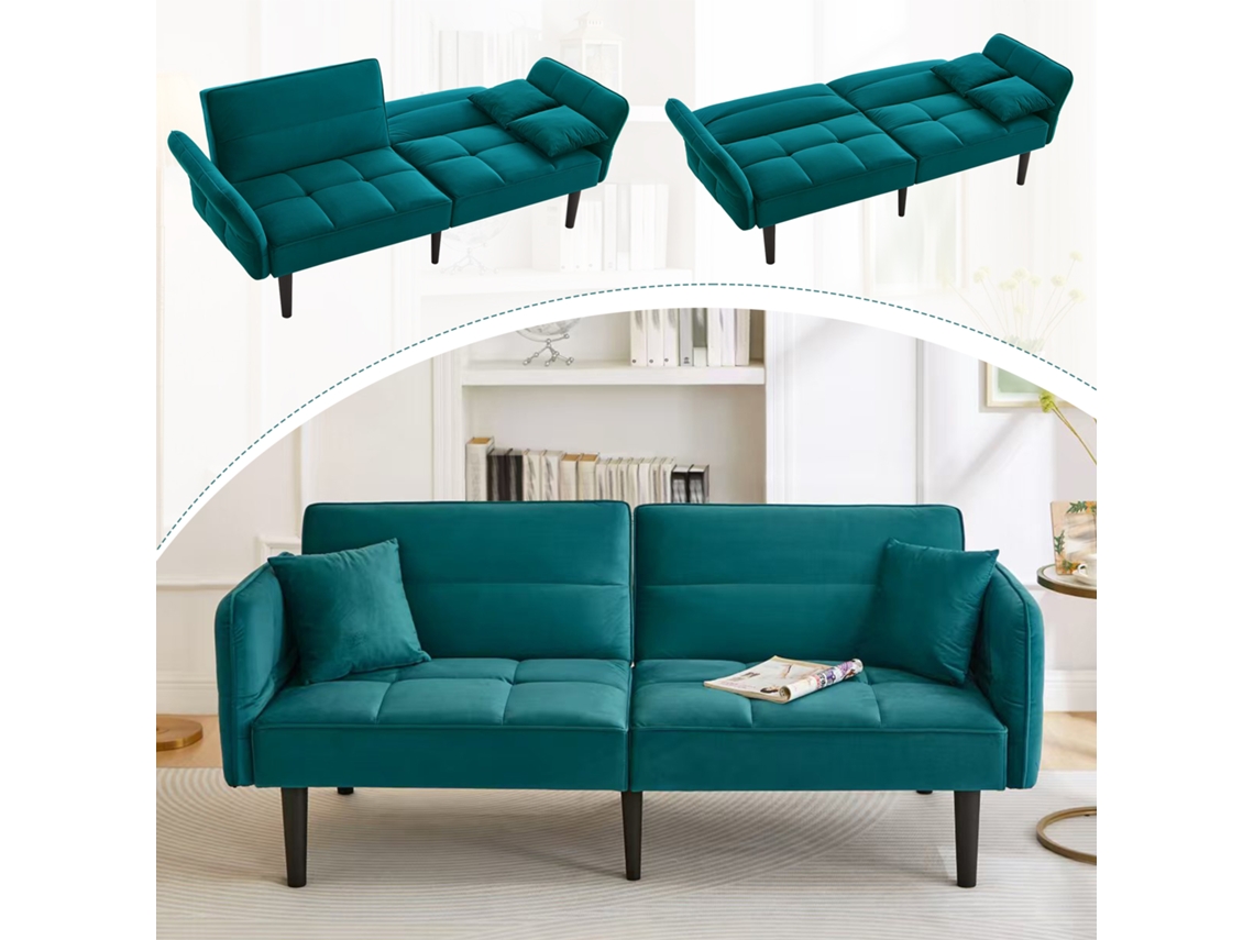 Sofá 2 Plazas - 2 En 1, Respaldo Reclinable, Brazos Abatibles, Ideal Espacios Pequeños - Antique Blue Green