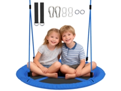 Columpio Nido De Pájaro, Columpio Para 2 Niños Con Cuerdas Regulables En Altura, Asiento Redondo De Ø 80 Cm, Azul.