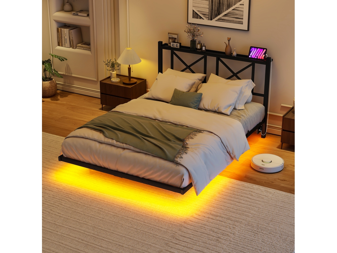Cama Doble 120x200 Cm - Marco Metálico Con Led Y Estación De Carga, Robusta - Negro