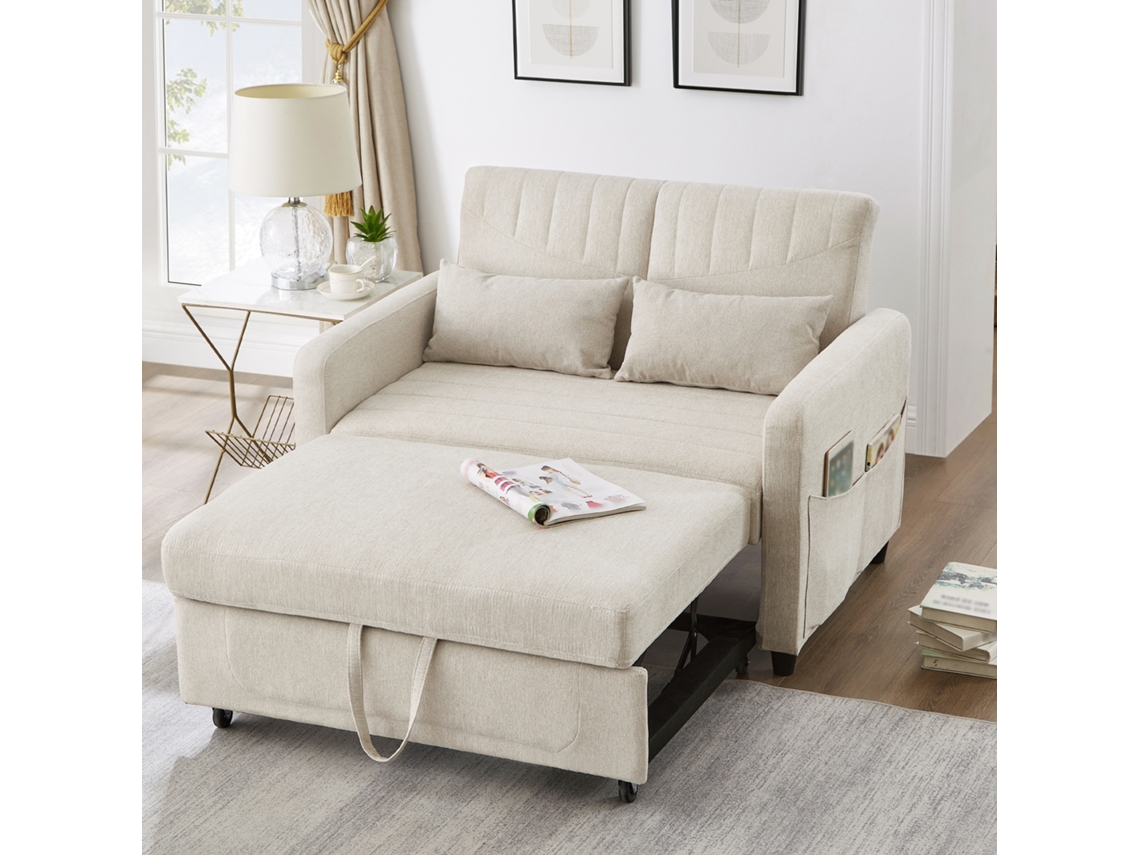 Sofá Cama De 2 Plazas Con Respaldo Ajustable En 3 Posiciones, Tela De Algodón Lino, 114x77x82.5 Cm, Beige