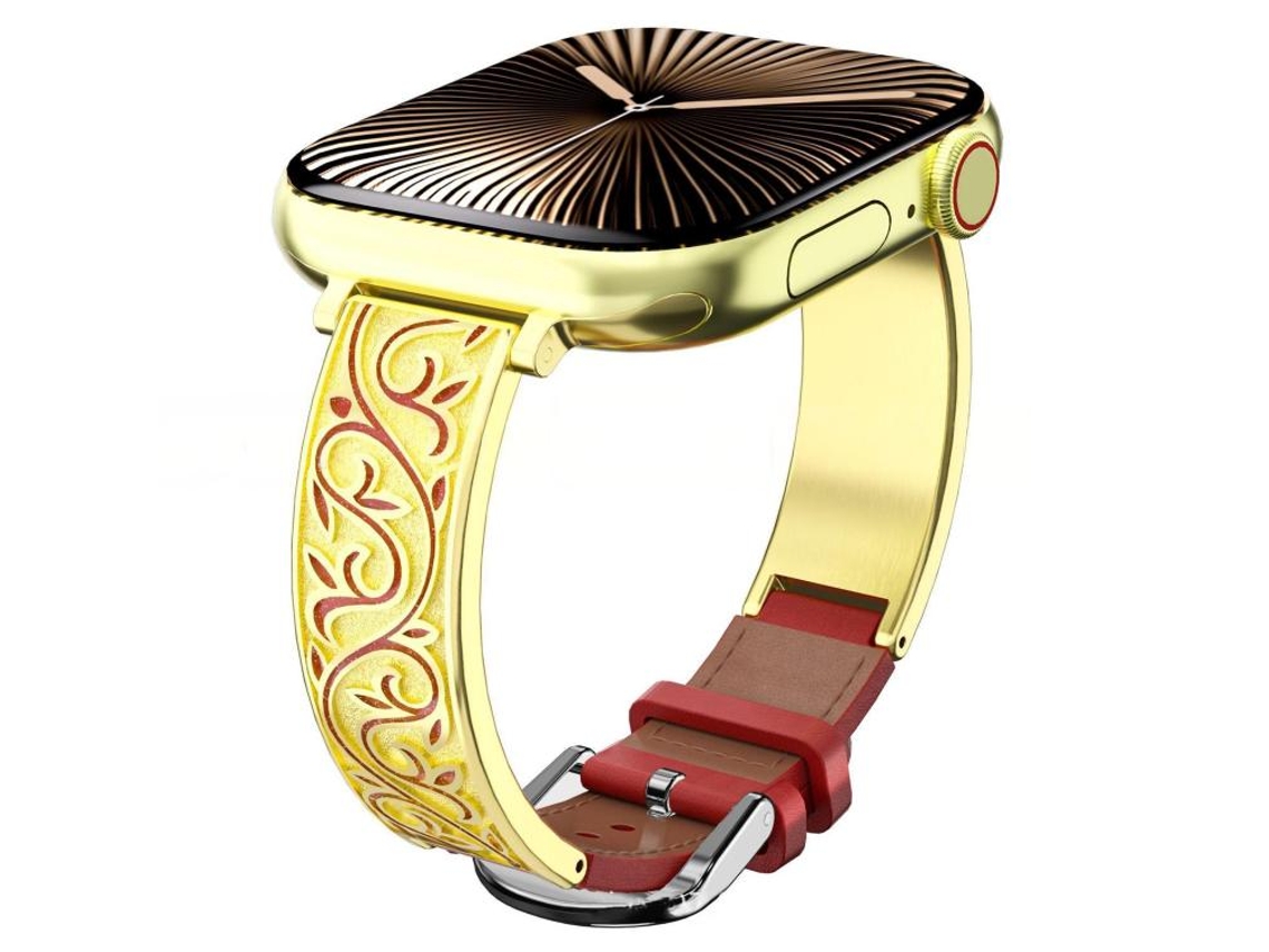 Correa para Apple Watch de 42/41/40/38 mm - Acero inoxidable híbrido con cuero genuino y diseño floral retro.