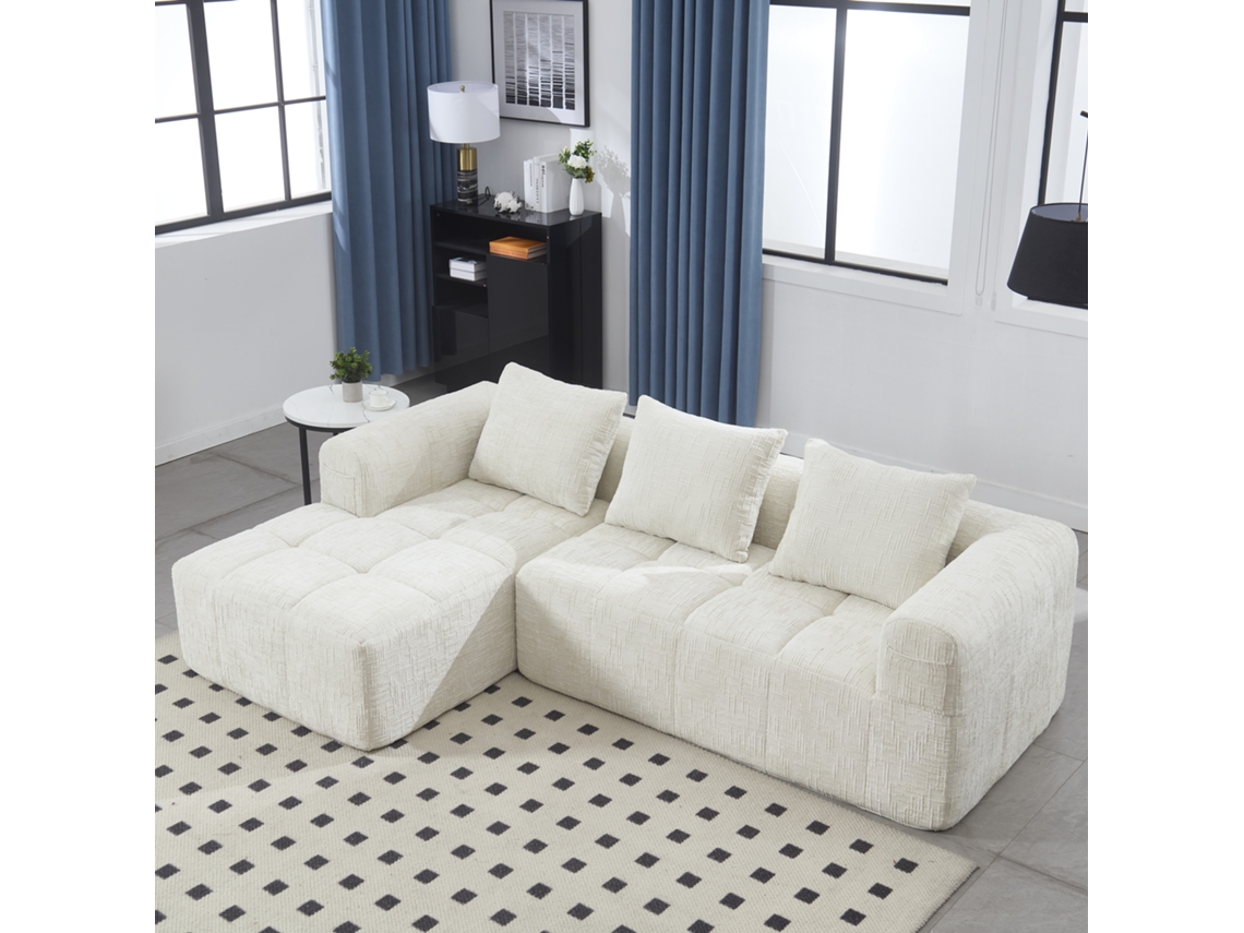 Sofá seccional moderno de 3 plazas de chenilla con chaise longue, reposabrazos, 3 cojines y bolsillo lateral para mando a distancia, color beige Mobrio