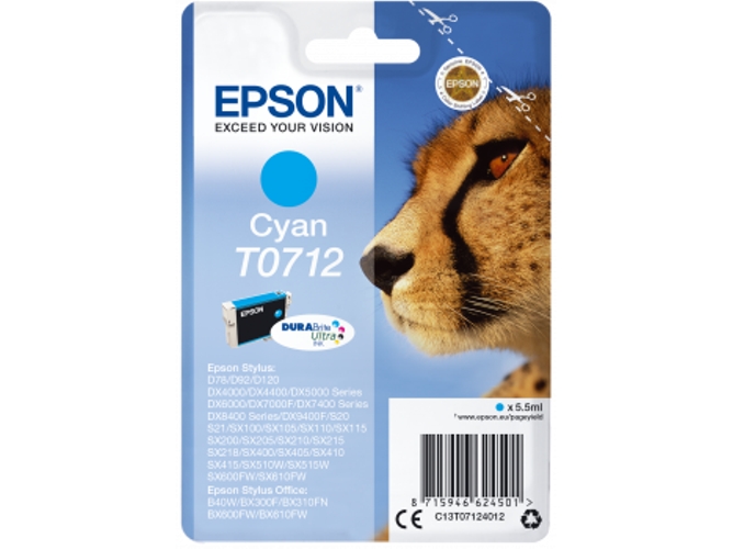 Cartucho de tinta original EPSON T0712, Guepardo 5,5 ml , Cian, C13T07124012