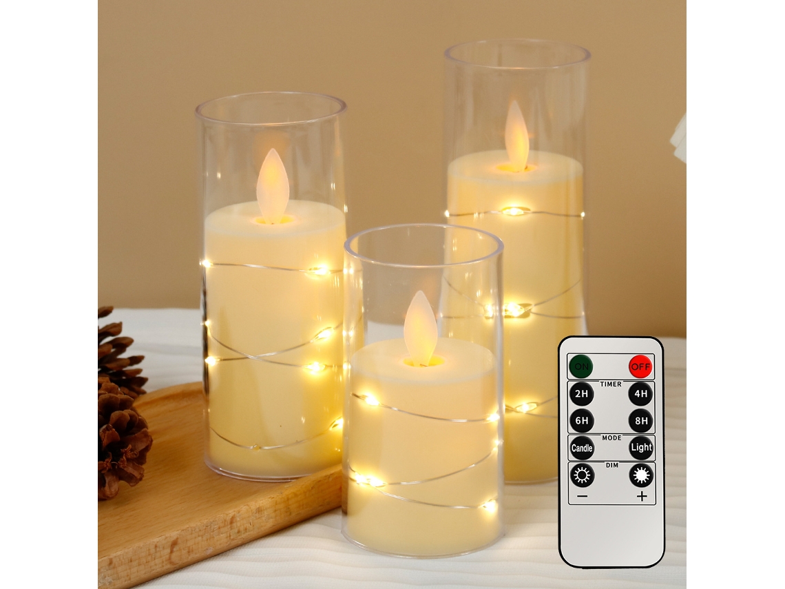 Velas LED parpadeantes sin llama a pilas con temporizador remoto, juego de 3 (blancas)