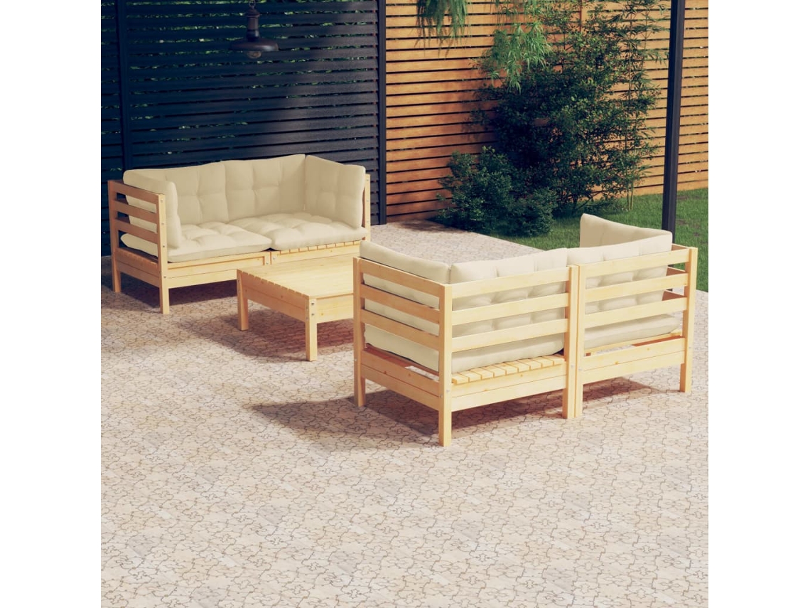 Pcs Conjunto Lounge Jardim C/ Almofadões Cor Creme Pinho Dkd Home Decor
