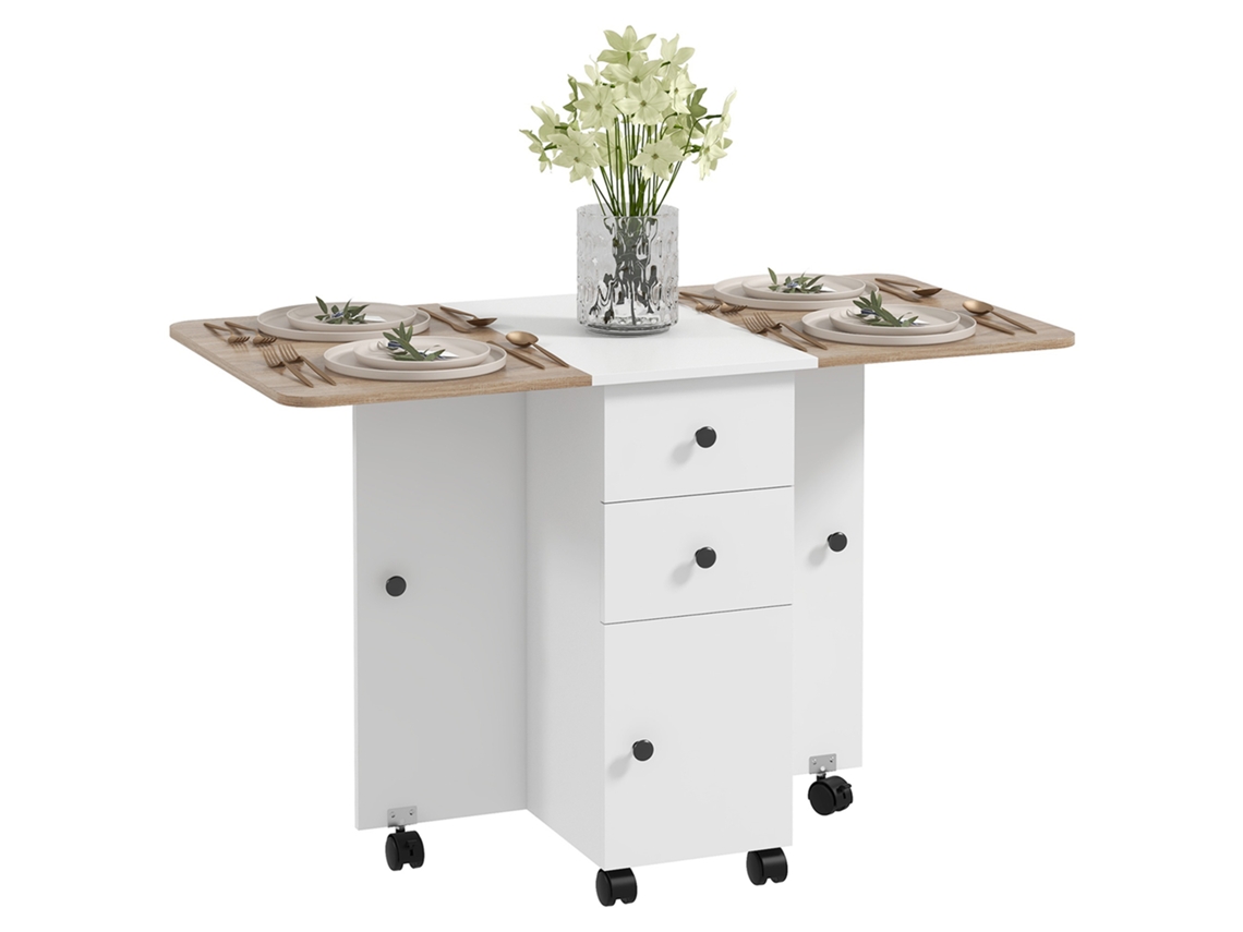 Mesa de cocina plegable, mesa de comedor plegable con 2 tableros plegables, 2 cajones y 1 armario, acabado en blanco y roble.