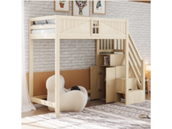 Cama Alta De Madera De 90x200 Con Puertas, Ventanas, Escalera Plegable Y Acabado Natural.