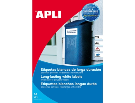 Etiquetas Adhesivas de Poliéster Resistentes a La Intemperie 20 Hojas APLI (Blanco - 210 X 297 mm)