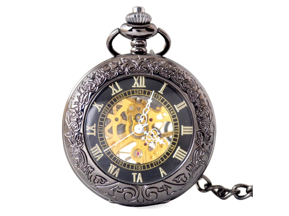 Reloj De Bolsillo Mecánico Retro De Aleación Hueco Con Cadena De Collar Color Pistola