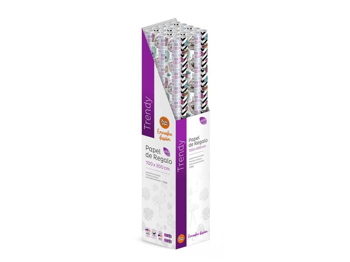 Pack 25 Rollos Papel De Regalo Trendy 3m X 1m Diseño Moderno, Caja Expositora, Estilo Actual, Resistente, Listo Para Tienda, Regalos Eventos Tiendas Comercios - Fp Fiesta Paper