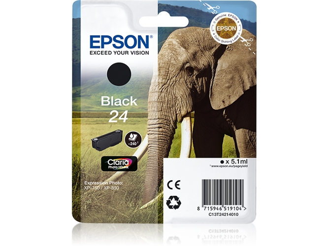Cartucho de tinta original EPSON, Tinta Claria Photo , 24, Elefante 5,1 ml , Negro, C13T24214022, T2421