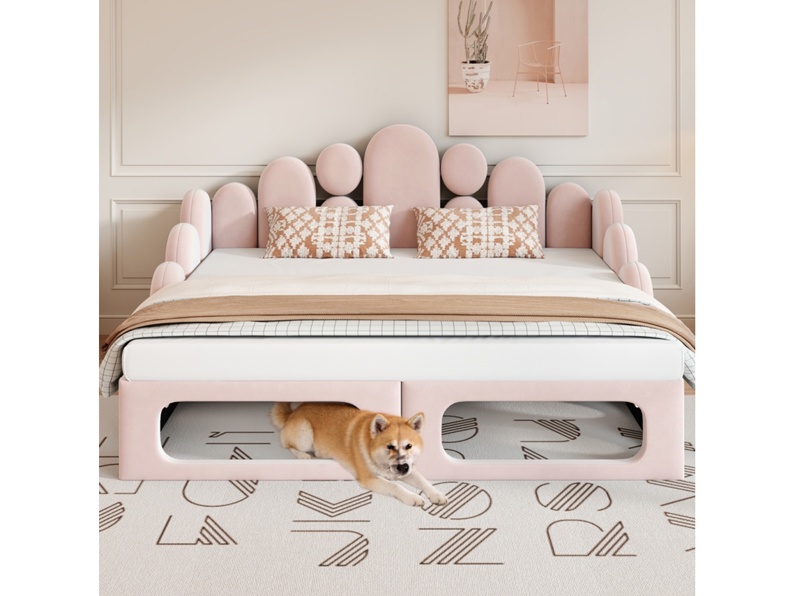 Canapé Cama 180x200 Cm Multifunción, Cuidado Mascotas, Somier De Láminas, Terciopelo Suave, Marco Modular, Cama Doble Moderna, Rosa