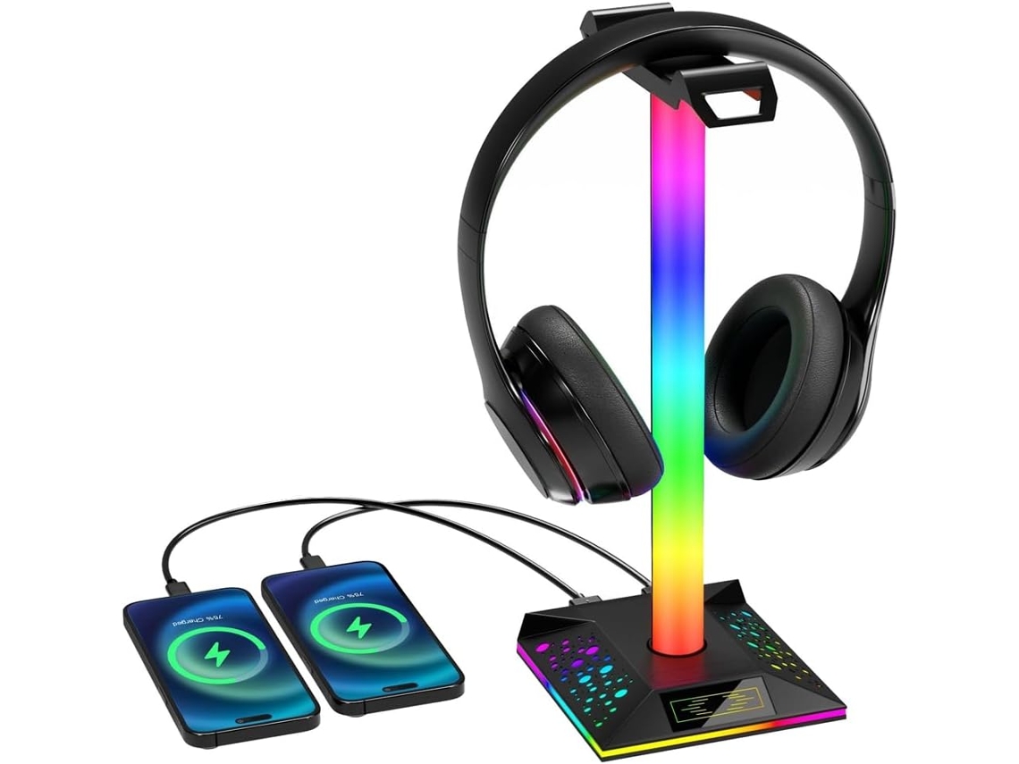 Soporte Para Auriculares, Luz Rgb Con Dos Puertos Usb, Audio Táctil De 3,5 Mm