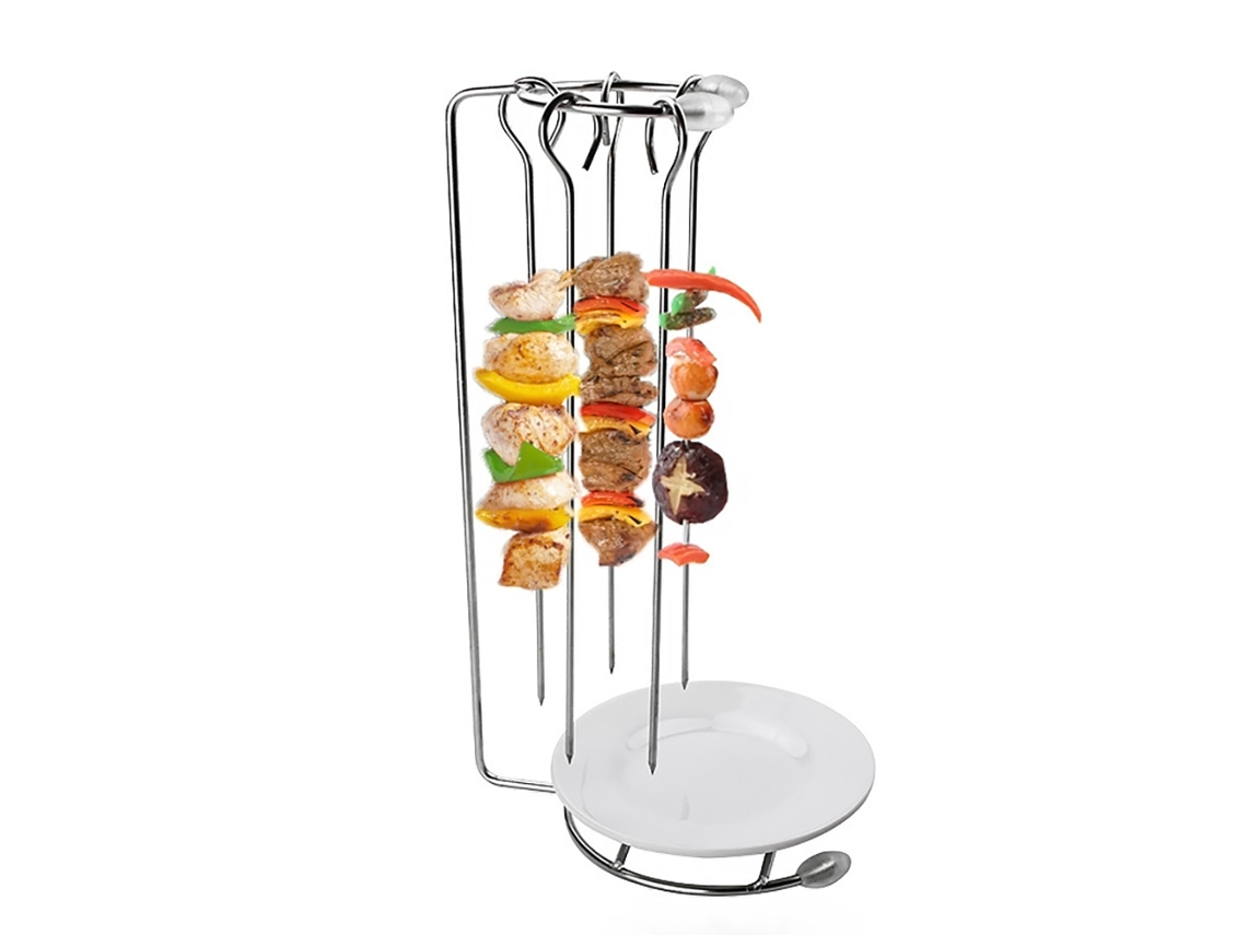 Pinchos de barbacoa de acero inoxidable con soporte, juego de agujas para asar, herramientas reutilizables