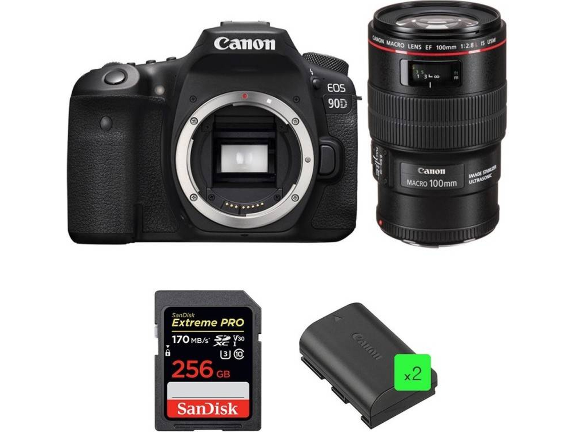Kit Cámara Réflex CANON EOS 90D + EF 100mm f/2.8L Macro IS USM + SanDisk 256GB + 2 LP-E6N