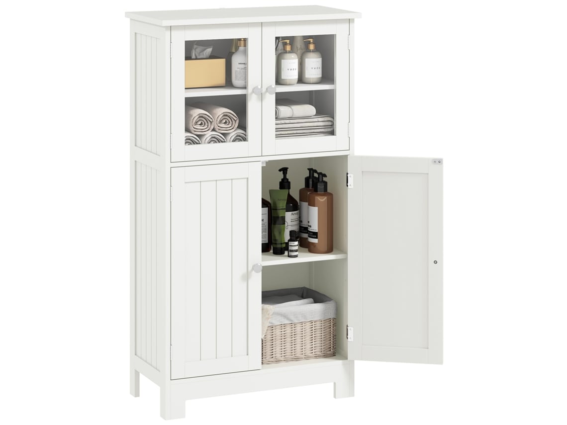 Armario De Baño Con Puertas De Cristal Y Estante Regulable, 60x30x108,5 Cm, Blanco.