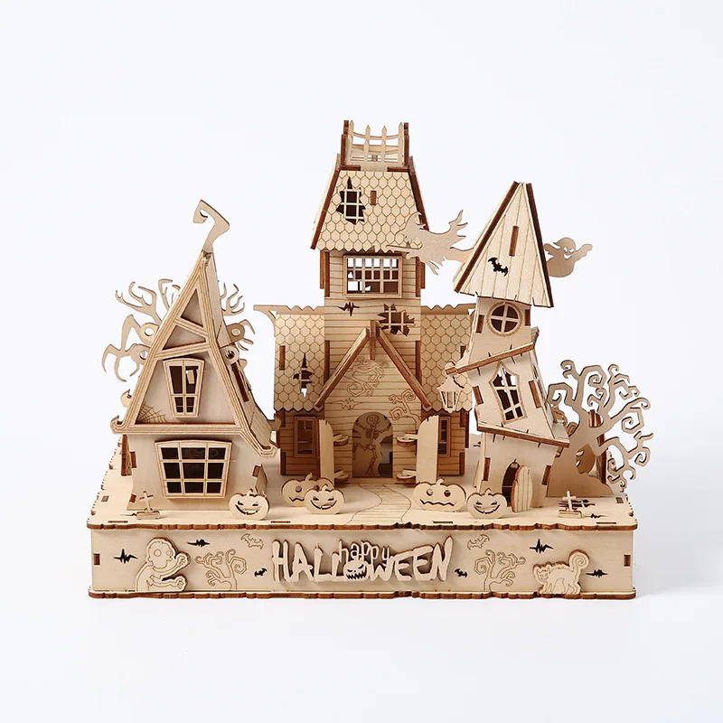 Nuevo Kit De Montaje De Rompecabezas De Madera 3d Diy, Modelo De Casa De Halloween, Con Luces De Montaje.