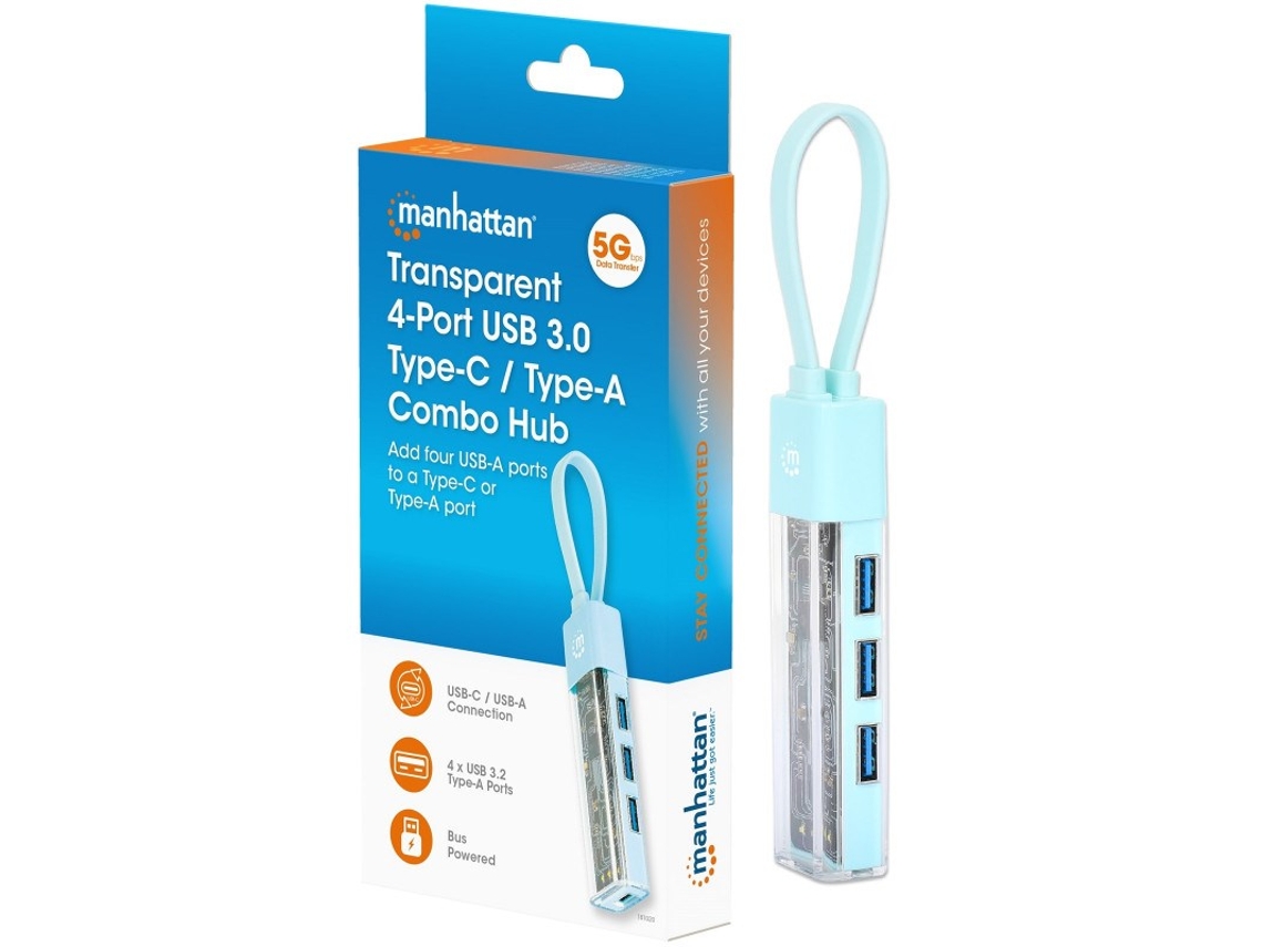 Hub USB 3.2 Gen1 Tipo C/A 4x USB A 3.0 Pasivo Transparente Manhattan