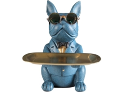 Figura De Bulldog Francés Con Bandeja De Acero Inoxidable Para Decoración Y Almacenamiento De Objetos Pequeños - Azul