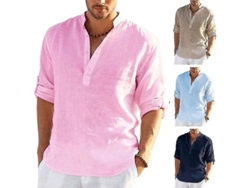 2026-camisa Larga Hombre De Lino Y Algodón, Camisa Casual Sólida S-5xl, Cuatro Estaciones L Verde