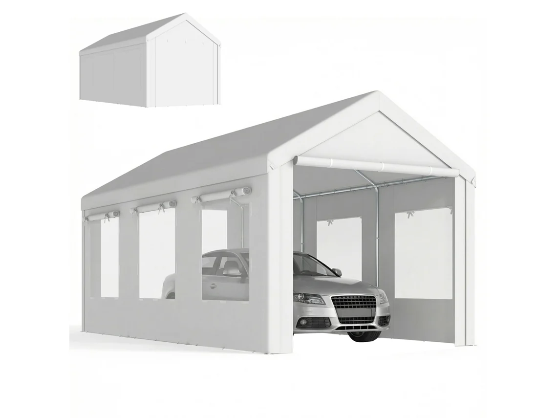 Tienda de garaje con protección UV30+, altura regulable, 6 ventanas, mosquitera, 3x6m, blanca.