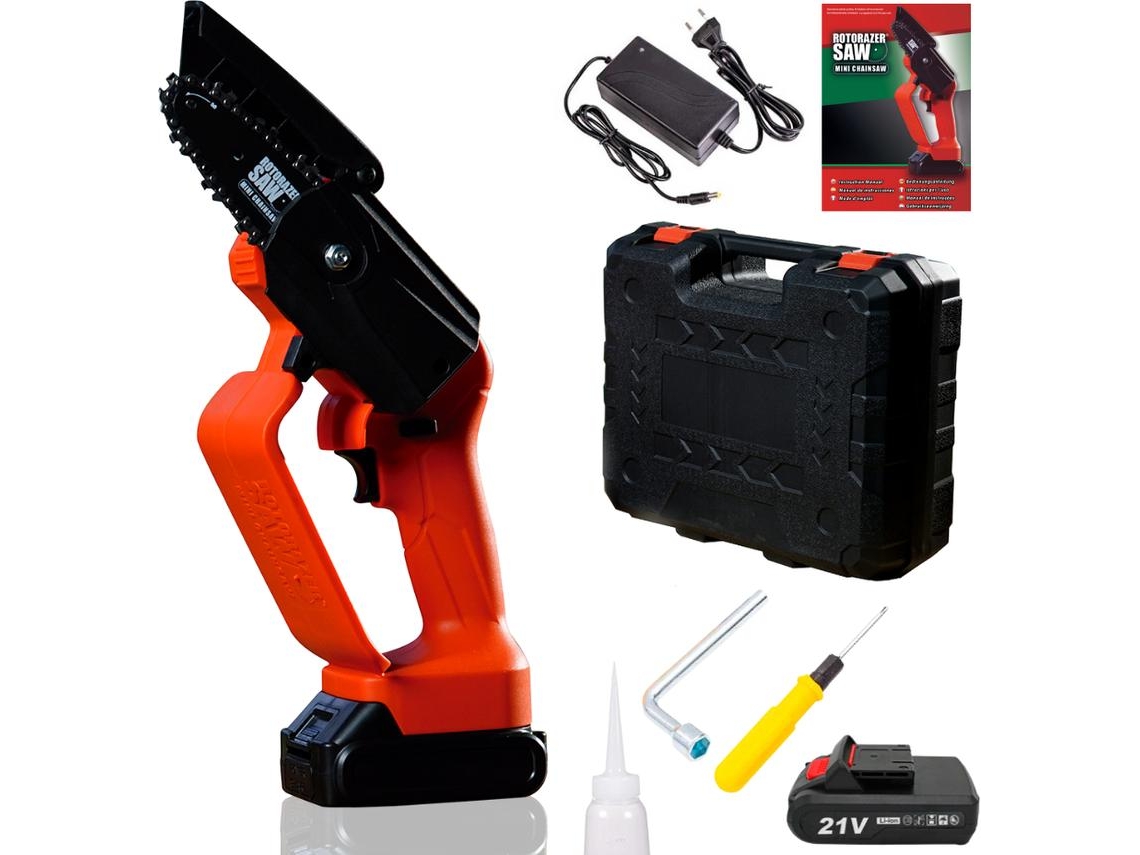 Mini Motosierra Eléctrica Rotorazer Mini Chainsaw, 21V Motosierra Portátil Inalámbrica, con Batería y Cargador, Corta Madera y Ramas de Jardín