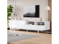 Mueble de TV de 200 cm con 3 compartimentos y 2 cajones. Capacidad máxima para un televisor de 90 pulgadas. Color blanco.