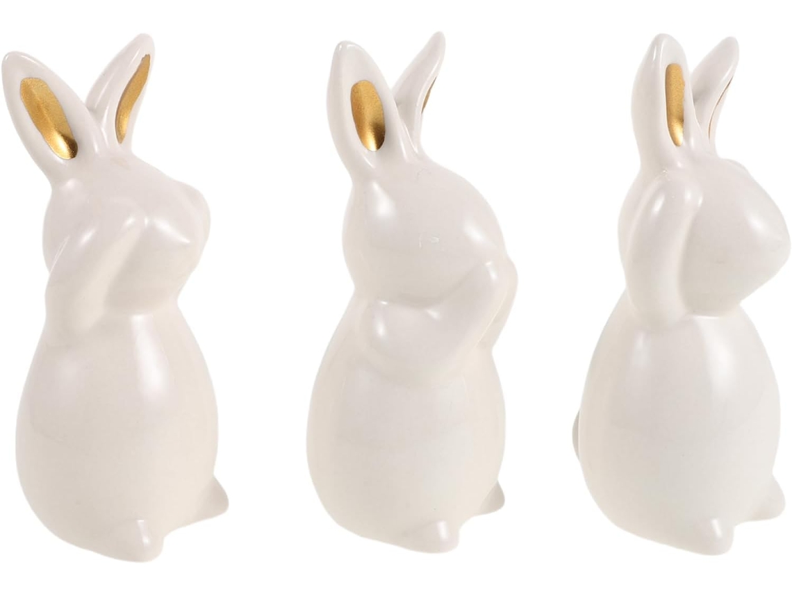 Set De 3 Figuritas De Conejito De Pascua Y Primavera En Cerámica Blanca.