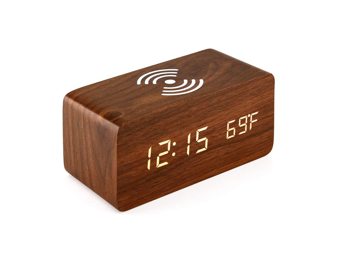 Reloj despertador de madera con carga inalámbrica Qi, LED, para iPhone Samsung RNEMITERY