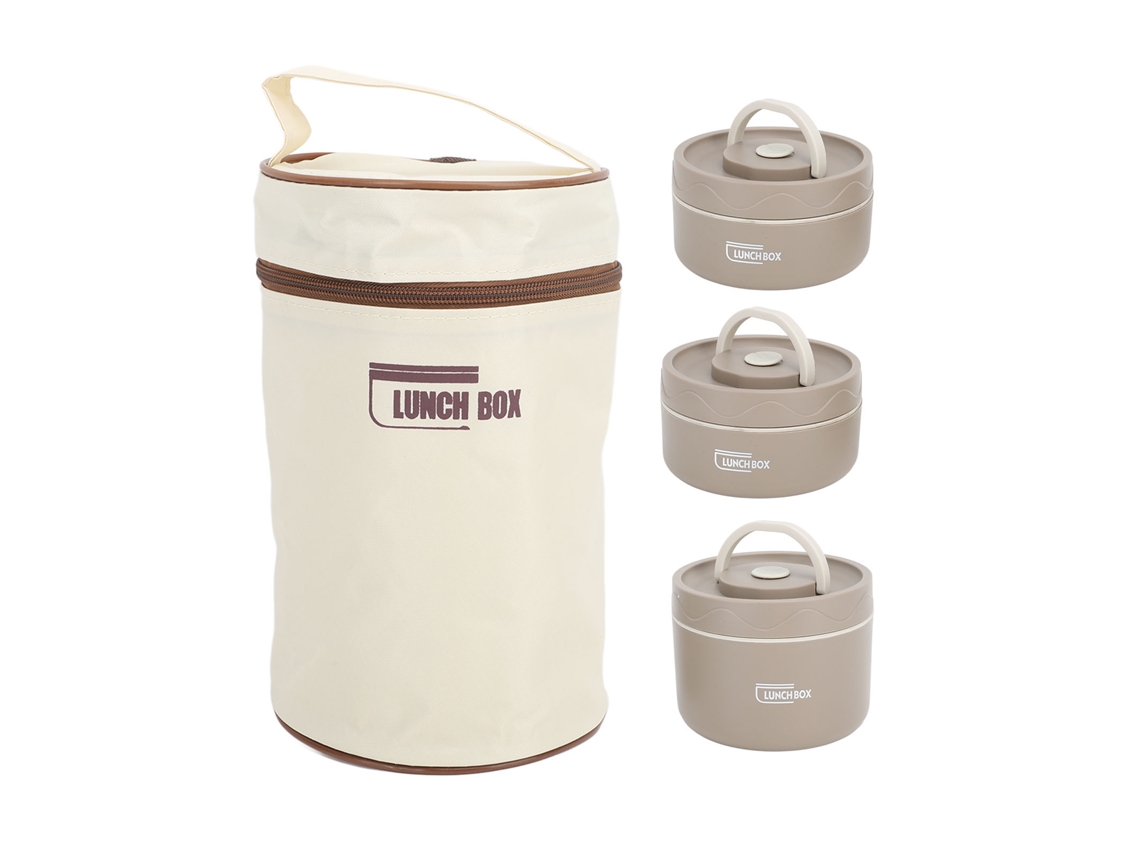 Recipiente De Almuerzo Aislado De Acero Inoxidable 304 Portátil Caja Térmica Redonda Con Tapa Y Bolsa Térmica Color Café Oscuro 3pcs