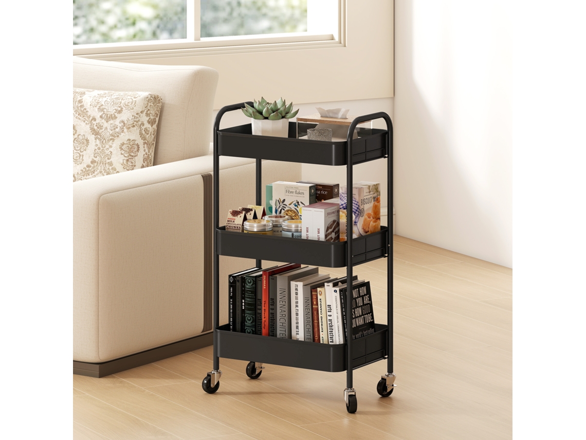 Carrito de servicio de acero con ruedas, 3 estantes perforados, 45x30,6x79cm, negro