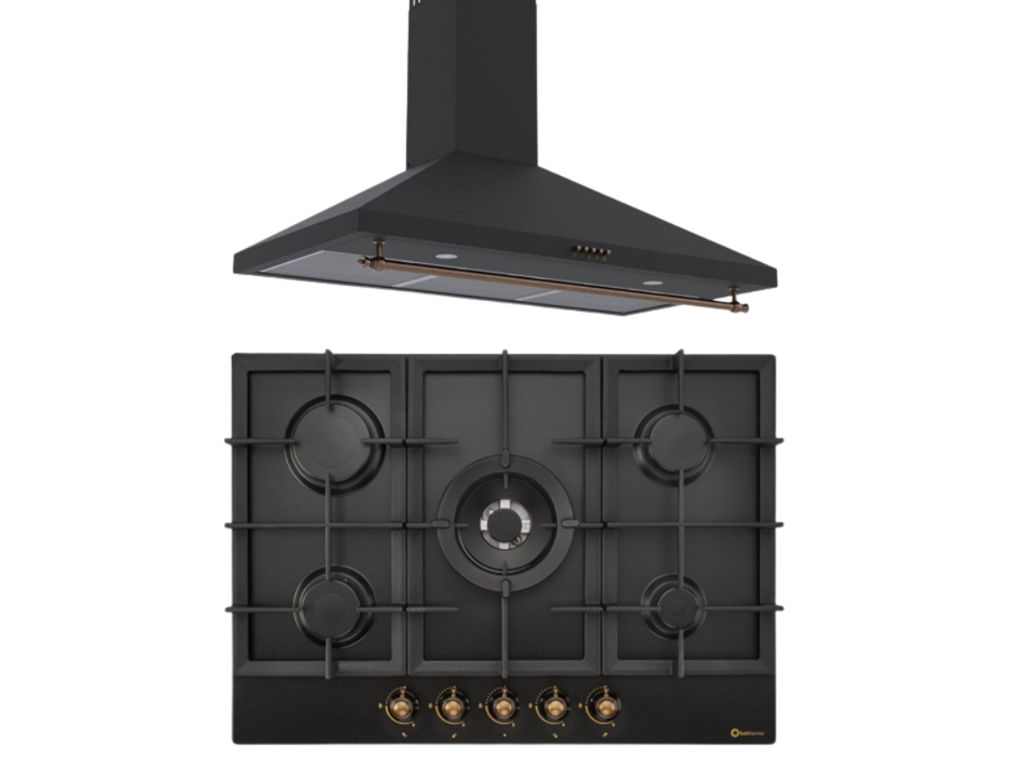 Placa de gas Solthermic® Combo Pack BL032 Negro Rústico 70 Ventilador Extractor 90