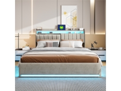 Cama Doble 140 X 190 Cm, Cama Tapizada Con Led, Cabecero Usb Con Espacio De Almacenamiento Para Adolescentes Y Adultos, Terciopelo Gris