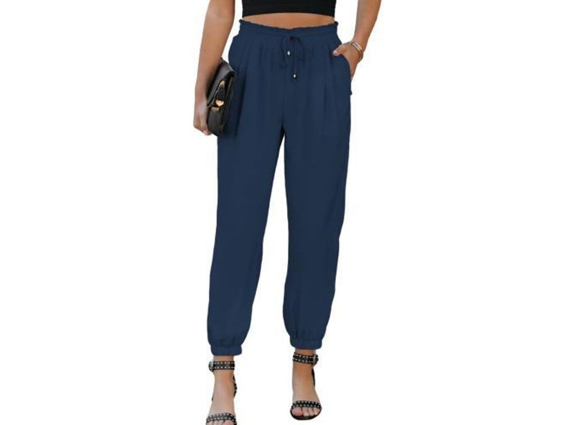 Pantalones Casuales Holgados De Lino Para Mujer Con Cordón Ajustable, Cintura Elástica Alta Y Bolsillos Cómodos.