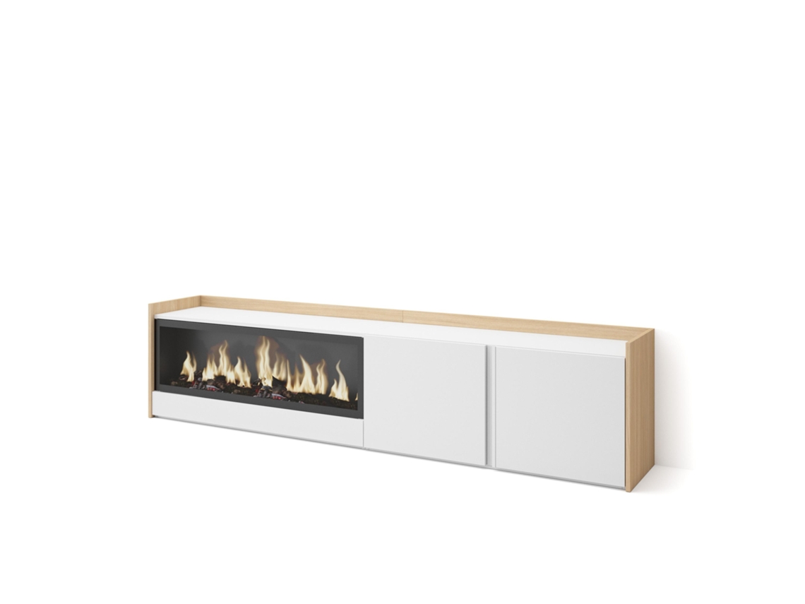 Mueble Tv, Televisión, 212x35x50cm, Para Tv Hasta 80", Chimenea Eléctrica Xxl, Blanco Y Roble Soft