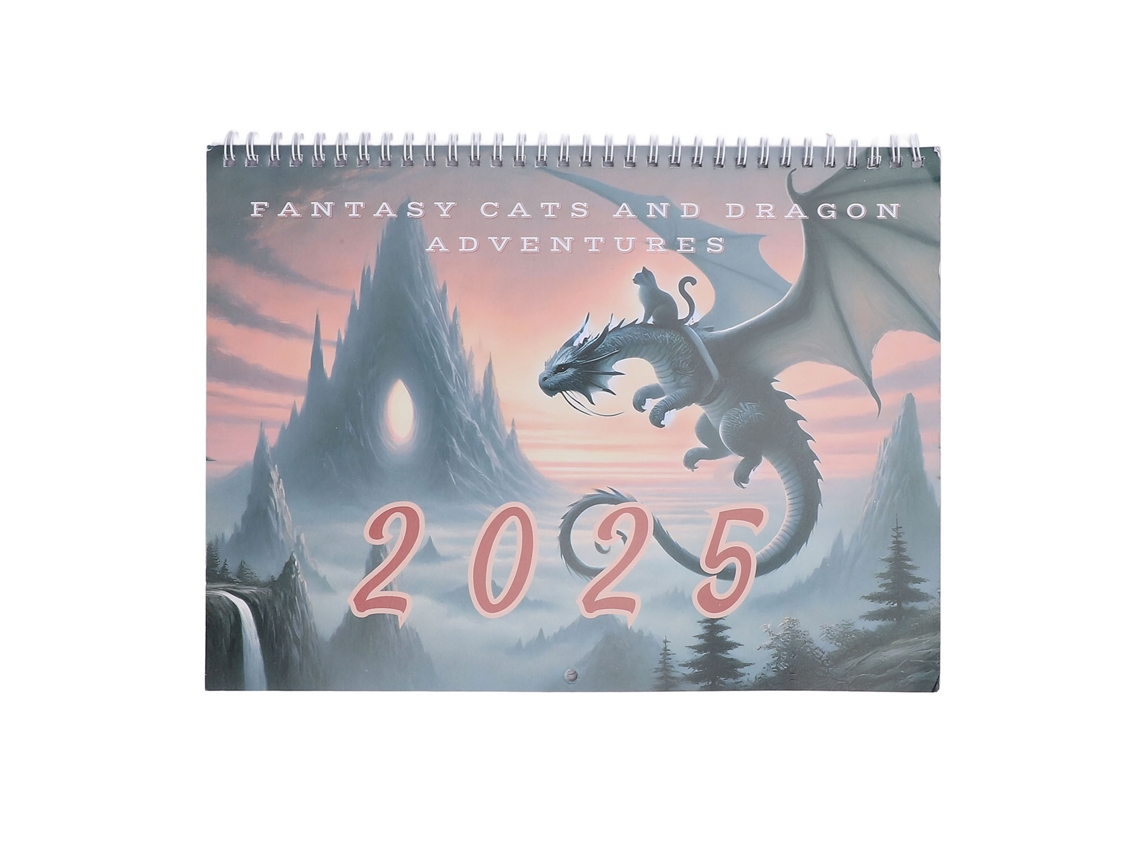 Calendario De Gatos Y Dragones 2025. Ilustración Exquisita. Encuadernación En Espiral. Para Colgar En La Pared.