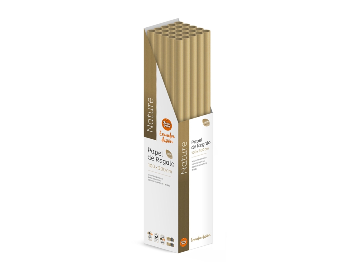Pack 25 Rollos Papel De Regalo Kraft Marrón Verdejurado 3m X 1m Ecológico, Caja Expositora, Acabado Natural, Resistente, Listo Para Tienda, Embalaje Regalos Tiendas Comercios - Fp Fiesta Paper