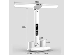 Lámpara de mesa LED con reloj y dos cabezales giratorios de 180°, carga USB e intensidad de luz ajustable. MDUG