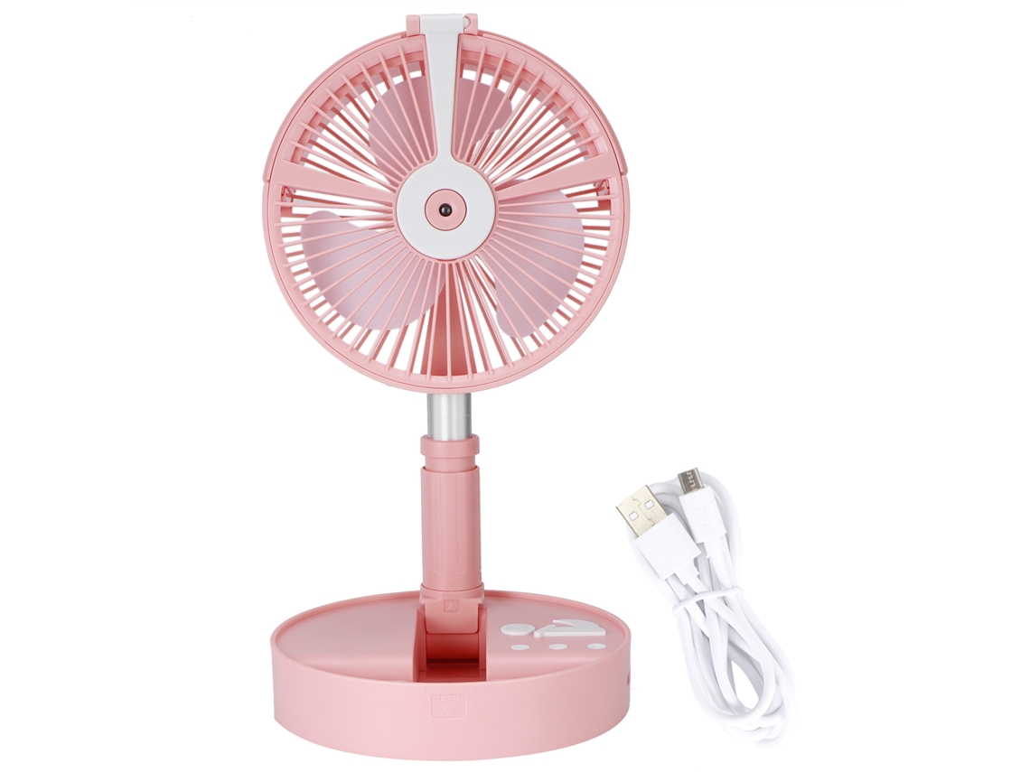 Ventilador portátil plegable USB con humidificador y luz nocturna.