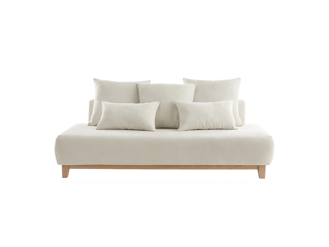 Sofá 3 Plazas de Tejido Efecto Aterciopelado Texturizado Beige Y Madera Clara 200 Cm Odeon MILIBOO
