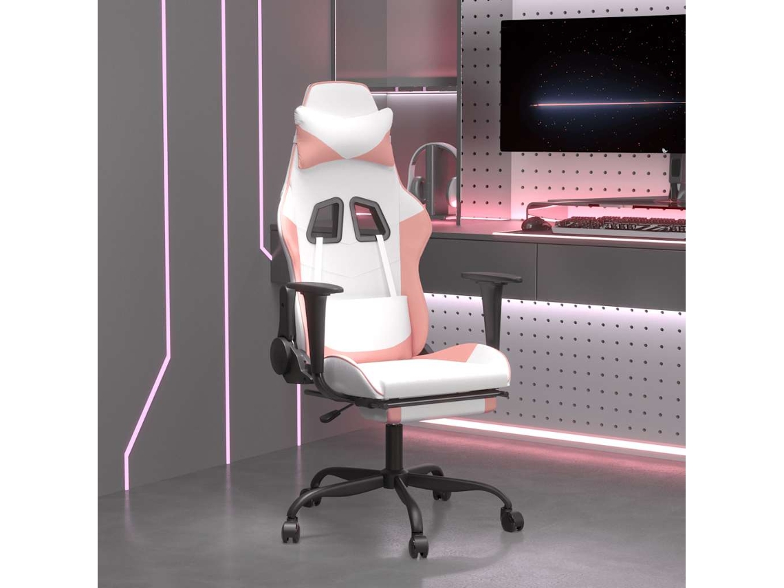 Sillón de masaje para videojuegos con reposapiés, piel sintética blanca/rosa.