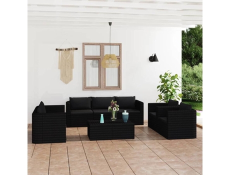Conjunto 9 de muebles de jardín VIDAXL cojines ratán sintético negro